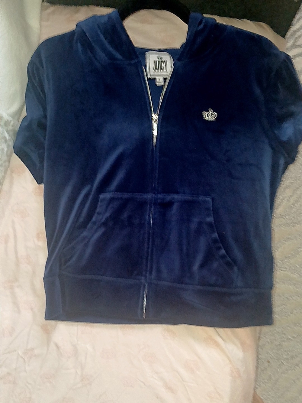 Juicy Couture Navy Velour Zip Short Sleeve Hoodie with Crown Logo
